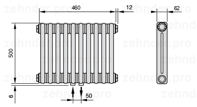 Схема (чертеж) Радиатор Zehnder Charleston 2050/10 №3470 Белый глянцевый RAL 9016